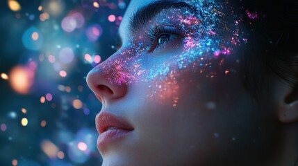 Close-up portrait of a woman's face with glowing light and particles.