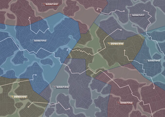 Abstract map with zones location and routes, marked with different colors. Districts connected by lines, as routes. Vector illustration