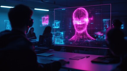 Fototapeta premium A high-tech classroom where students engage with holographic historical figures and interactive lessons.