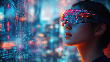 A woman wearing futuristic glasses looks at a glowing screen with binary code and city lights in the background.