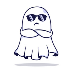 Kawaii boo angry and wearing sunglasses. Happy Halloween. Cute cartoon spooky character. Vector illustration