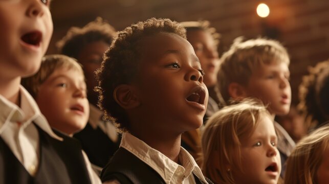 A group of children are singing in a church