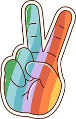 Cartoon retro groovy rainbow victory hand sign. Isolated vector hippie-style gesture is made with the index and middle fingers raised in a peace symbol, with rainbow colored pattern, embodying harmony
