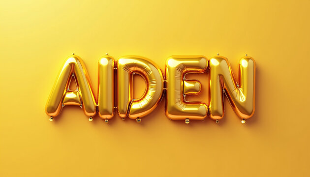 AIDEN Golden 3D Balloon Letters on Solid Background
