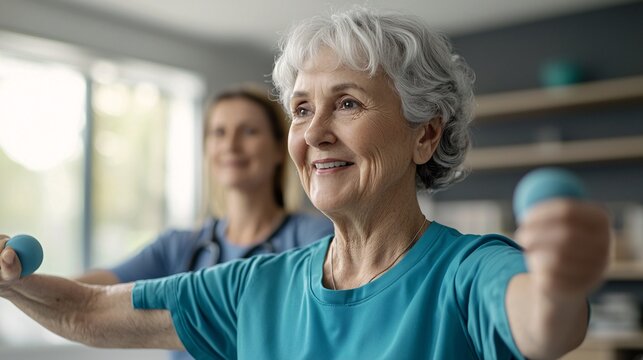 Senior woman exercising with weights in a gym.