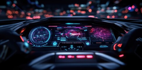 A holographic touch interface on a futuristic vehicle dashboard, showcasing real-time navigation and system status. 