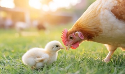 Fototapeta premium Mother Hen Cares for Her Fluffy Chick in a Sunlit Grass Field During Golden Hour