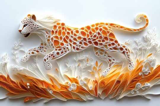 Intricate Paper Cut Quilling Art of a Leopard Running Through Savannah, Symbolizing Wild Speed and Agility