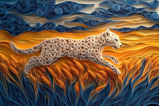 Intricate Quilling Paper Filigree Leopard Racing Through Savanna - Symbol of Speed and Agility in the Wild