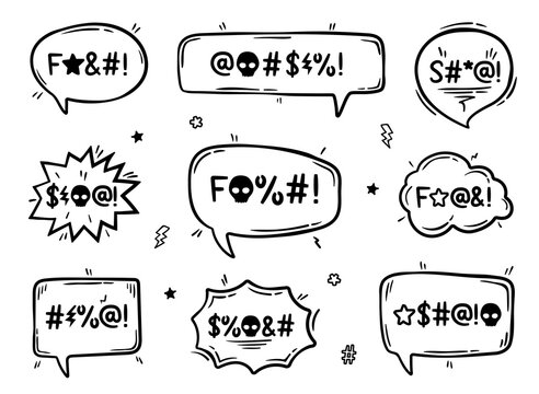 Hate angry talk, comic swear speech bubbles. Aggressive expletive curse. Vector set of clouds with expressive typography symbols. Black dialogue boxes convey intense emotions, aggression and profanity