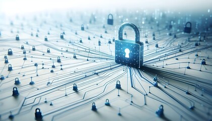 The image shows an abstract network of blue lines with data points and lock symbols. The background is white, representing a clean, isolated technology and data security concept. 3D Rendering