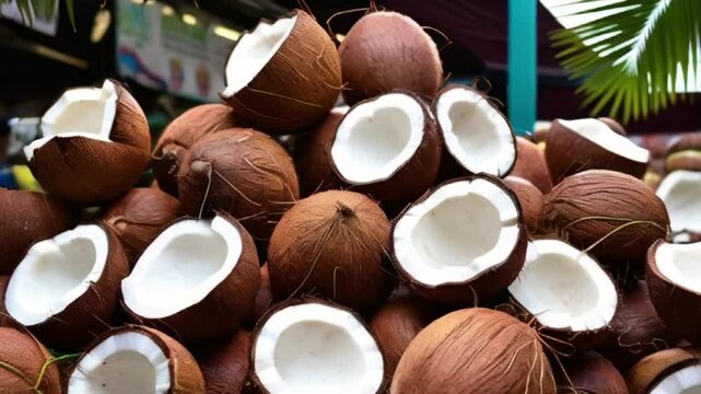 A vibrant display of empty coconut shells stacked together, showcasing rich brown exteriors and white interiors, reflecting the tropical essence of a bustling market created with generative ai