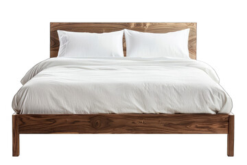 A simple bed with white linen isolated on PNG, white background