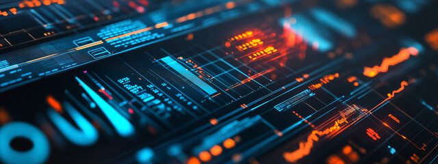 Obraz premium Futuristic digital interface with data visualizations in vibrant blue and orange colors, showcasing advanced analytics and technology.