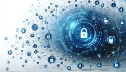 Obraz premium The image shows an abstract network of blue lines with data points and lock symbols. The background is white, representing a clean, isolated technology and data security concept. 3D Rendering