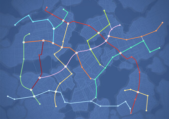 Top view of futuristic subway map. Abstract map of city roads. Transportation network smart city transport. Vector illustration