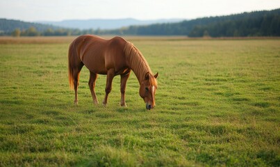 Obraz premium Brown Horse Grazing in a Lush Green Field During Late Afternoon Sunlight