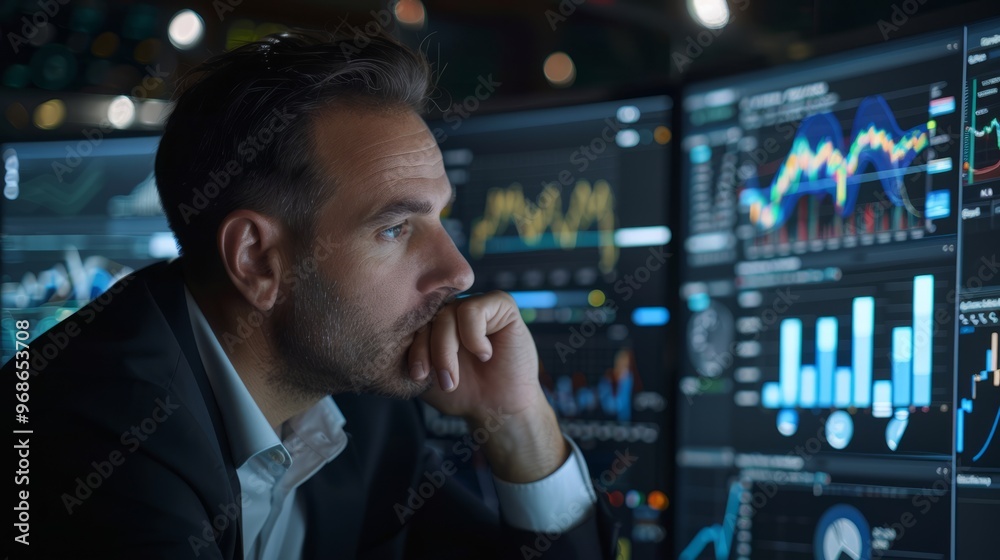Poster A man is looking at a computer screen with multiple graphs and numbers
