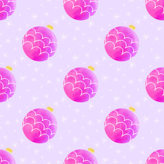 Watercolor vector christmas seamless pattern with pink balls and snowflakes. Pattern in swatches. For fabric, wrapping paper and other decoration.