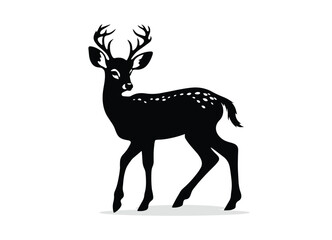 Elegant Black and White Silhouette Illustration of a Stag with Large Antlers Minimalist Cartoon Reindeer Drawing for Christmas Design. Iconic Deer Outline Nature inspired Doodle Art Perfect for Logos