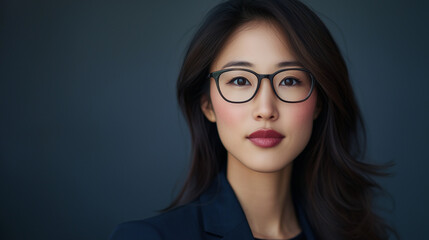 Fototapeta premium Asian businesswoman wearing glasses with copy space background