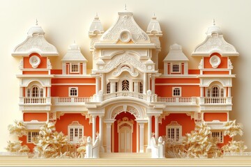 Obraz premium Intricate Paper Quilling Art of a Luxurious Five-Star Hotel Entrance, Symbolizing Elegance and Opulence in Travel Experiences