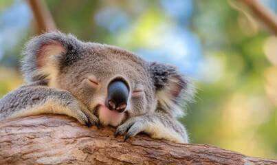 Obraz premium Koala Resting Peacefully on a Branch in a Lush Forest During a Sunny Afternoon