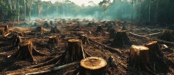 Devastated rainforest with large sections of trees cut down and exposed stumps, illustrating the severe impact of deforestation on ecosystems and wildlife