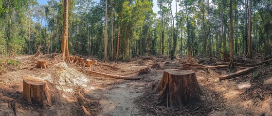 Devastated rainforest with large sections of trees cut down and exposed stumps, illustrating the severe impact of deforestation on ecosystems and wildlife