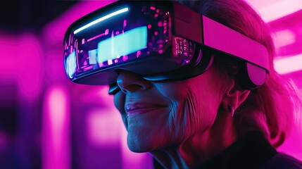 An older woman with a joyful expression wears a virtual reality headset and looks to the side in a dimly lit room with pink and blue lighting.