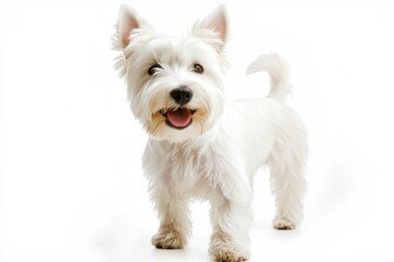 West Highland white terrier standing, isolate, on a white backdrop,