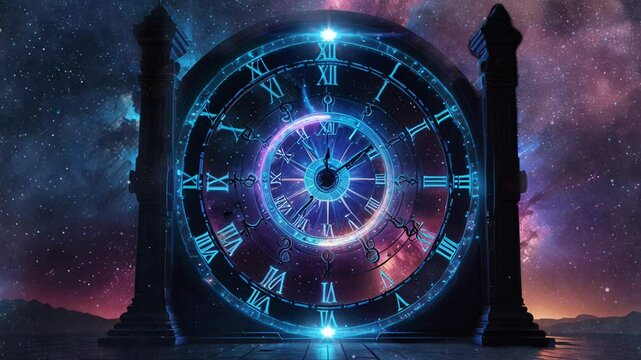Giant clock portal in space, smooth looping video 4K