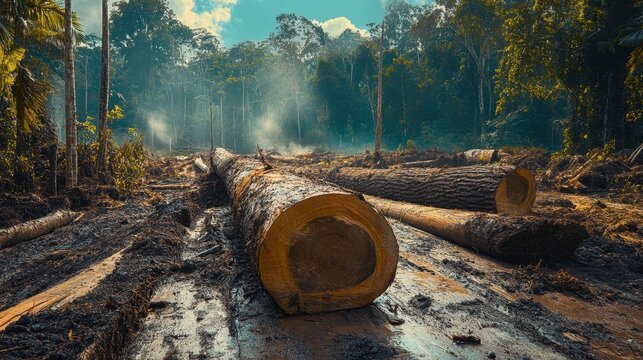 Logging process in a once dense forest now stripped of trees, showcasing the extent of deforestation and its negative effects on the natural environment