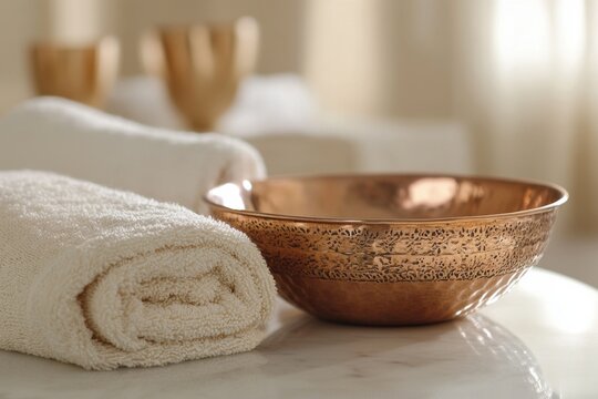 Close up of hammam essentials featuring a copper bowl and rolled towel in a serene spa setting