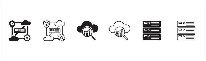 Business data and storage icon set. Contains icon related to statistic, cloud, storage, administrator, network, setting, authentication, algorithm, server. Vector illustration in thin line flat design