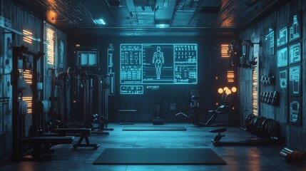 AI-managed smart gyms offering personalized fitness plans: A futuristic gym where AI tailors workout routines based on real-time performance data.