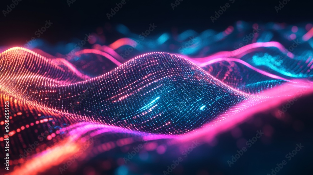 Poster a digital concept of neon electric waves intersecting over a dark background, representing wireless 