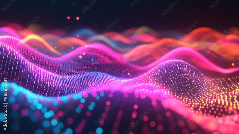 Poster a digital concept of neon electric waves intersecting over a dark background, representing wireless 