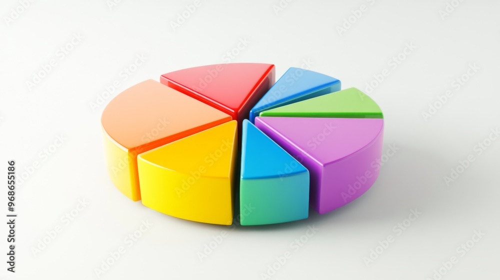 Poster A dynamic 3D pie chart with segments in various bright colors, each section floating slightly above a white surface, symbolizing data analysis and statistics.