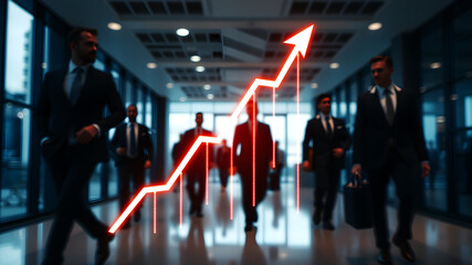 A blurred office scene with people in suits walking, focusing on a glowing upward-trending graph representing business growth