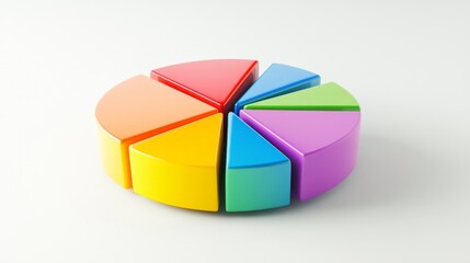 A dynamic 3D pie chart with segments in various bright colors, each section floating slightly above a white surface, symbolizing data analysis and statistics.