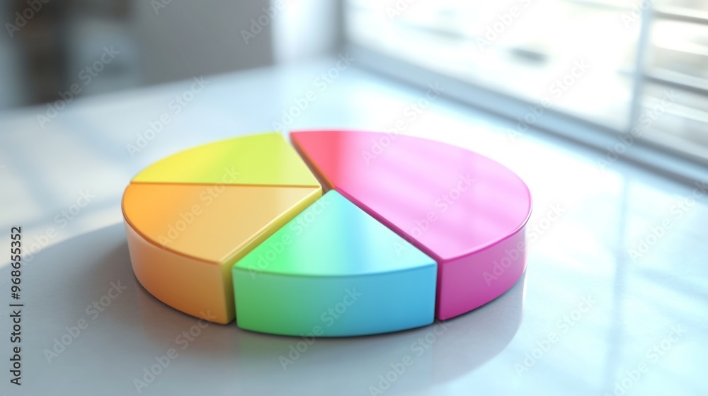 Leinwandbilder A dynamic 3D pie chart with segments in various bright colors, each section floating slightly above a white surface, symbolizing data analysis and statistics.