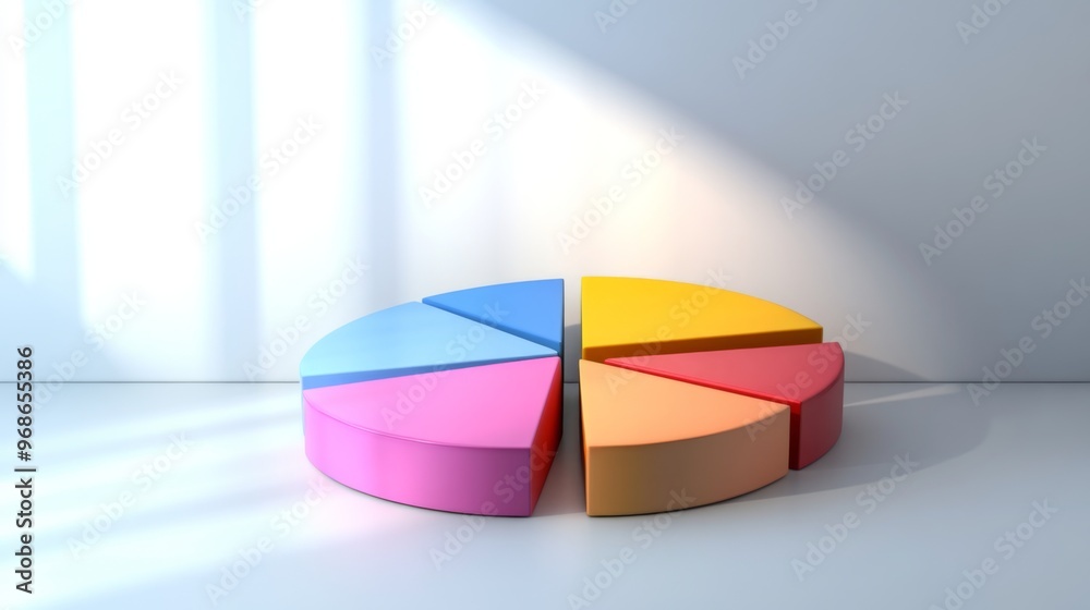 Leinwandbilder A dynamic 3D pie chart with segments in various bright colors, each section floating slightly above a white surface, symbolizing data analysis and statistics.