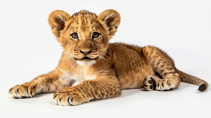 Obraz premium Playful Lion Cub Resting on a Light Background in a Serene Indoor Environment