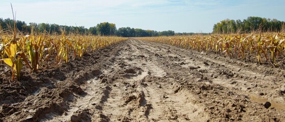 Deteriorated agricultural field with erosion scars and low crop yield showing soil degradation effects on productivity
