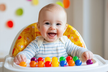 Obraz premium Happy baby playing with colorful toys in a high chair at home during daytime