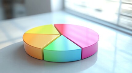 Fototapeta premium A dynamic 3D pie chart with segments in various bright colors, each section floating slightly above a white surface, symbolizing data analysis and statistics.