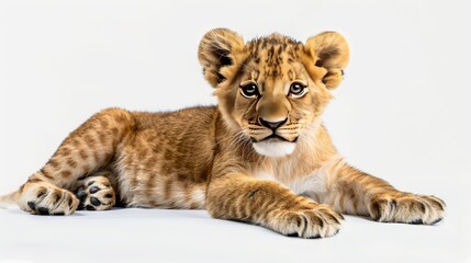Fototapeta premium Young Lion Cub Lounging on a White Surface, Showcasing Playful Curiosity During Daylight