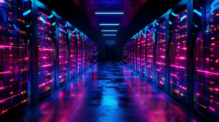 Fototapeta premium Corridor of a data storage facility with the glow of blue and purple LED lights between the high speed computing servers. Internet and cloud services concept