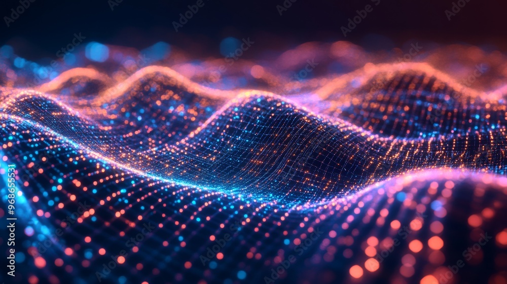 Poster a digital concept of neon electric waves intersecting over a dark background, representing wireless 
